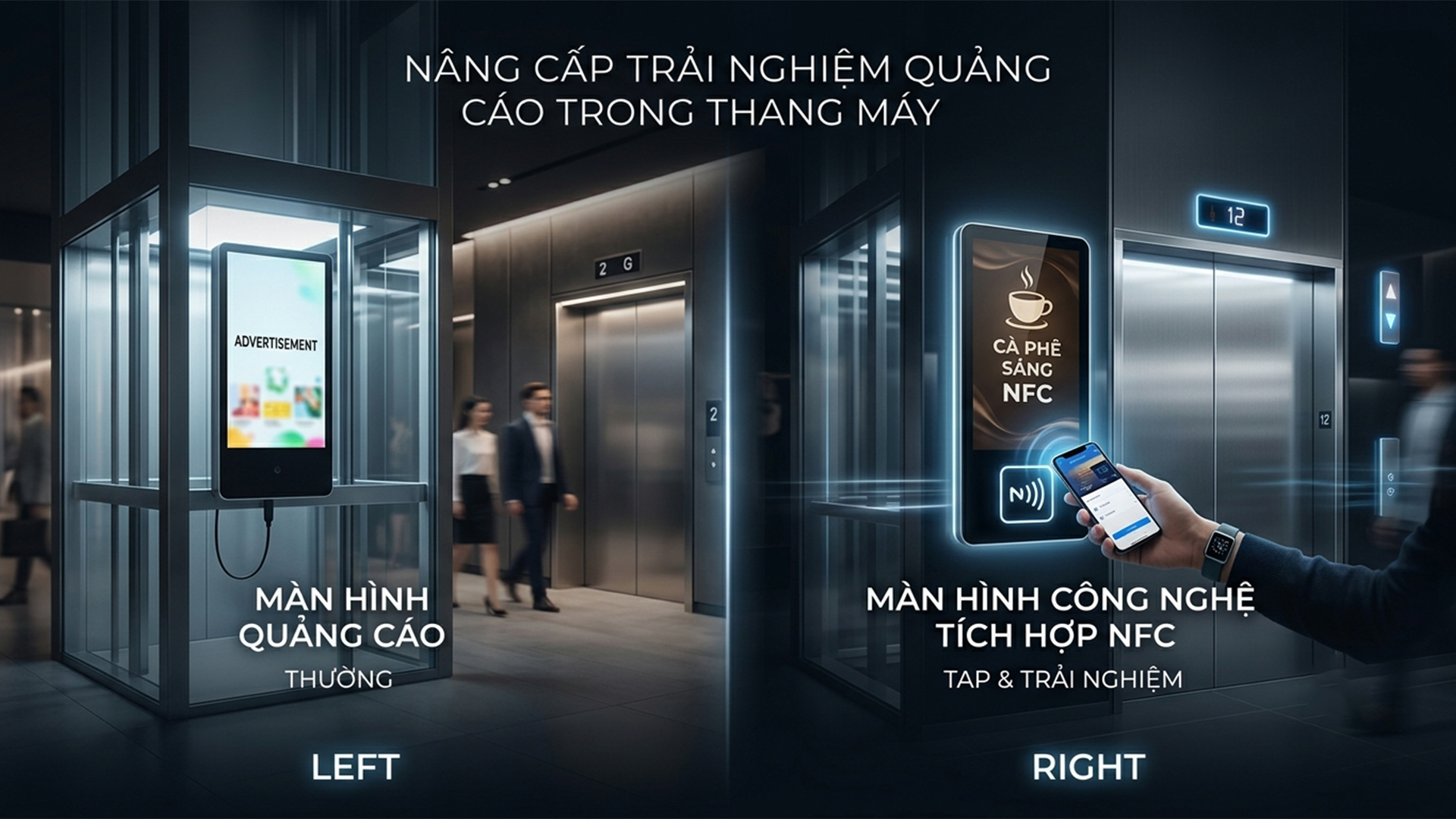 Màn hình thang máy thường và màn hình thang máy tích hợp NFC 